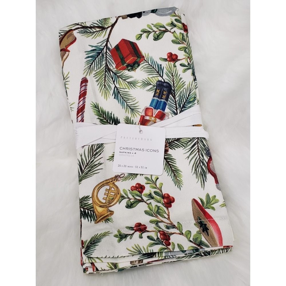 NEW Set Of 4 POTTERY BARN NOSTALGIC CHRISTMAS ICONS COTTON TWILL NAPKINS #2